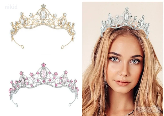 3 Цвята елегантна дамска детска корона тиара метална за глава и торта украса, снимка 1