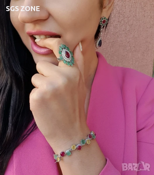 НЕОБИЧАЙНА СРЕБЪРНА ГРИВНА 925 С РУБИНИ, ИЗУМРАДИ И ЖЪЛТ САПФИР, снимка 1