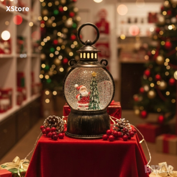 Голям LED коледен фенер с ефект на падащ сняг – приказна светлина и празнична магия, снимка 1