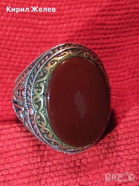 ОГРОМЕН СТАР ТУРСКИ СРЕБЪРЕН СКЪПОЦЕНЕН РЕТРО ПРЪСТЕН СРЕБРО 925 с ПОЛИРАН КАРНЕОЛ в ПОЗЛАТА 30747, снимка 1