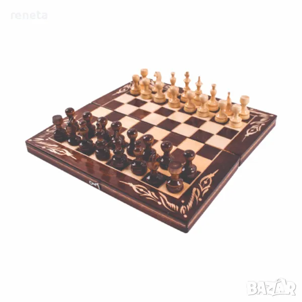 Комплект шах и табла, Дървен, Дърворезбована кутия, Кафяв, 50х50 см, снимка 1