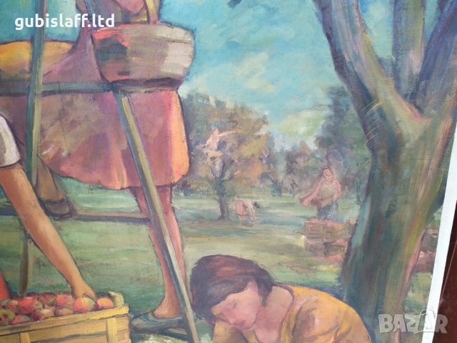 Картина, "Ябълкова градина", соц. период, 132х102 см., снимка 4 - Картини - 34591173