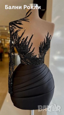 Къса бална рокля от сатен с 3 Д апликация в класическо черно, снимка 1