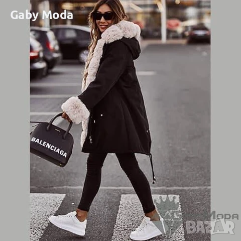 Черно дамско зимно яке парка с пух в цвят екрю, снимка 4 - Якета - 51065622