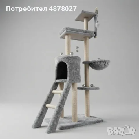 Котешка драскалка с къщичка, легло и платформи, 138 см, светлосива, снимка 6 - За котки - 55936987