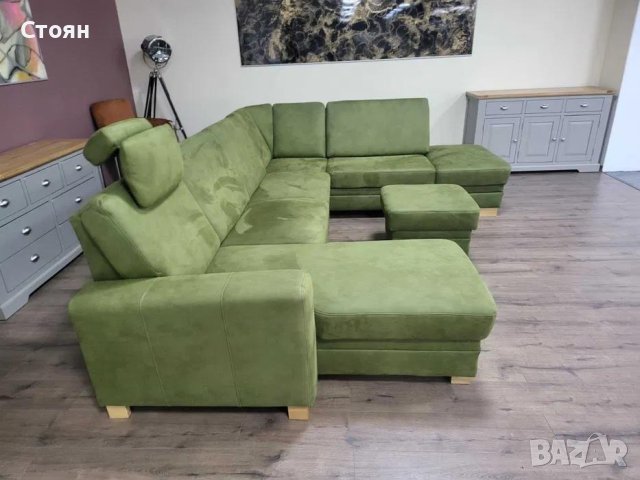 Зелен П образен ъглов диван от плат с функция сън и табуретка KS5044, снимка 6 - Дивани и мека мебел - 44245179
