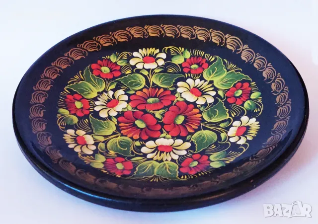 Винтидж. Дървена, ръчно рисувана лакирана чиния за стена  , снимка 4 - Декорация за дома - 49590698