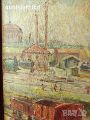 Картина, "София-старата жп гара", худ. Г. Лозев, 1960 г., снимка 3 - Картини - 44560327