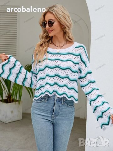 Дамски моден пуловер с дълги ръкави и кръгло деколте на райета, 3цвята - 023 , снимка 17 - Блузи с дълъг ръкав и пуловери - 42304853