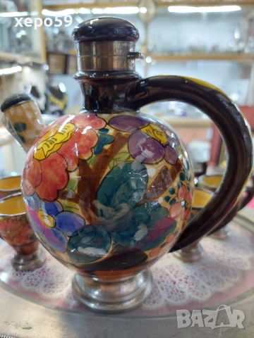 Много рядък авторски керамичен сет със сребърен обков/кана за ракия+ шест чаши,сребро проба 800, снимка 5 - Аксесоари за кухня - 52315971