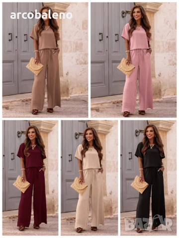 Дамски комплект от блуза с къс ръкав и широк панталон Annastasia, 5цвята  