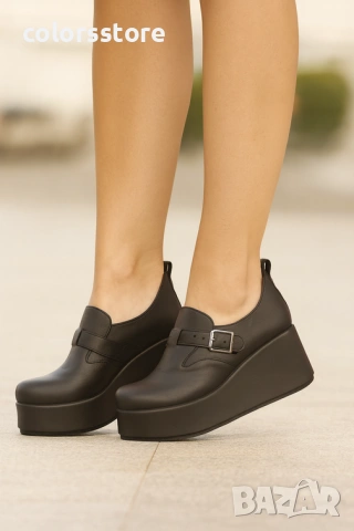 Обувки на платформа - черна кожа с черно ходило - KV25

