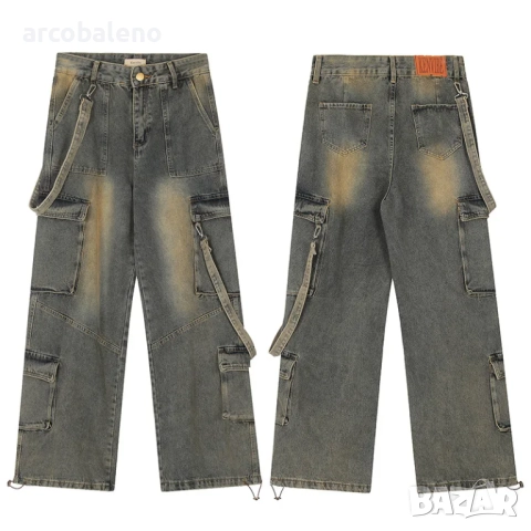 Американски дамски ретро дънки с множество джобове, свободни, изпрани, прави, широки