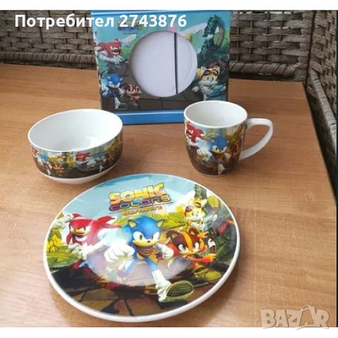 Детски порцеланов комплект за хранене 3в1 Соник, снимка 5 - Сервизи - 51847225