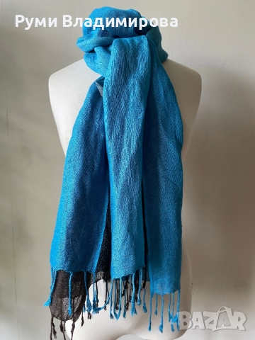 Синьо/ кафяв шал с 60 % лен и памук и 40 % вискоза, снимка 3 - Шалове - 52493358