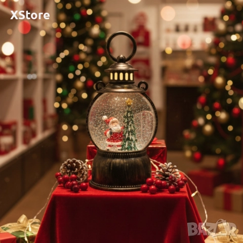 Голям LED коледен фенер с ефект на падащ сняг – приказна светлина и празнична магия