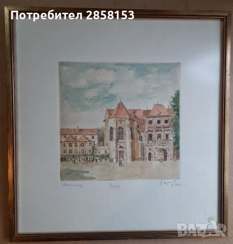 Стар офорт,ръчно оцветен с акварел, снимка 2 - Антикварни и старинни предмети - 53494606