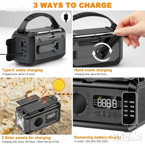 Ново 44400mWh/12000mAh аварийно радио, преносимо ръчно соларно радио AM/FM/NOAA, снимка 5 - Приемници и антени - 51637852