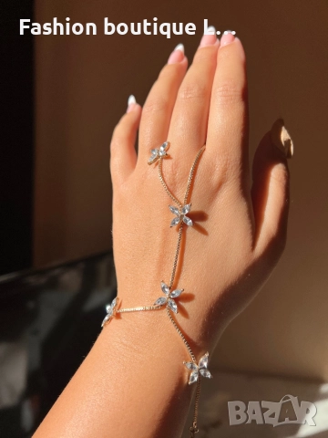 Уникално бижу гривна + пръстен в златен цвят с блестящи камъчета във формата на цветя ❤️, снимка 3 - Гривни - 52248082