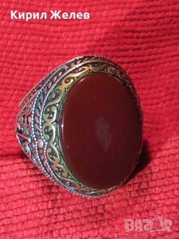 ОГРОМЕН СТАР ТУРСКИ СРЕБЪРЕН СКЪПОЦЕНЕН РЕТРО ПРЪСТЕН СРЕБРО 925 с ПОЛИРАН КАРНЕОЛ в ПОЗЛАТА 30747