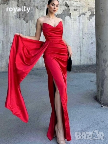 Официална дълга червена сатенена рокля