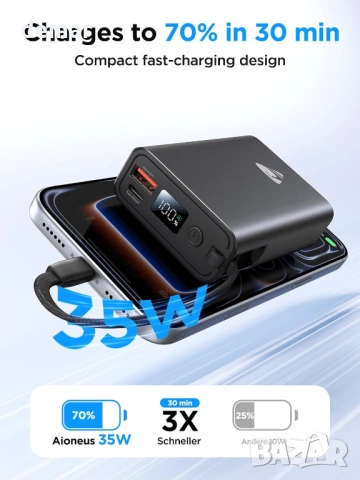 Външна батерия Aioneus 35W, преносимо зарядно устройство с вграден USB-C кабел, PD&QC, снимка 2 - Външни батерии - 53656792