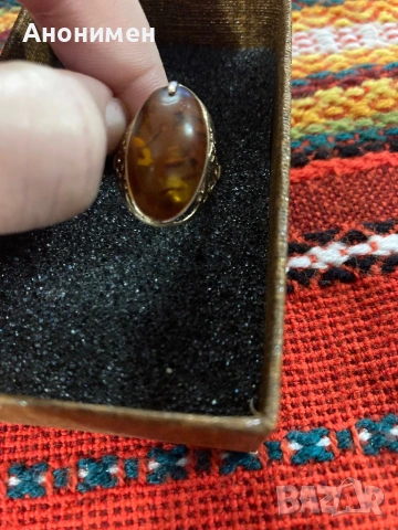 Руски златен пръстен с камък кехлибар, снимка 2 - Пръстени - 53827285