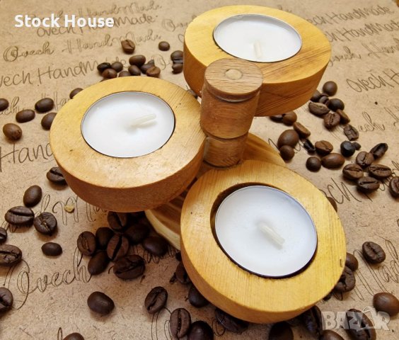 Атрактивен ръчно изработен свещник от дървесина, за три броя чаени свещи