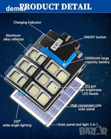 Gefolly SL-2000W соларна улична/паркинг лампа 6500K със сензор за движение и дистанционно, снимка 4 - Външни лампи - 55827409