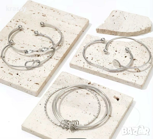 НОВ сет от 5 дамски гривни от стомана в сребристо, снимка 2 - Гривни - 53429666
