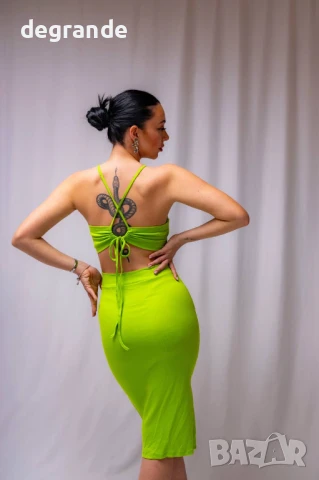 Електриково зелена дълга рокля с връзки, снимка 5 - Рокли - 50904822