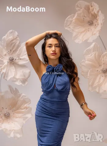 Официална синя рокля с ефектни рози , снимка 2 - Рокли - 48076116