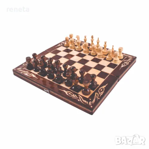 Комплект шах и табла, Дървен, Дърворезбована кутия, Кафяв, 50х50 см, снимка 1