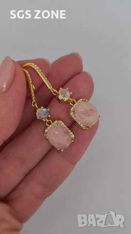 Обеци от стерлингово сребро 925, позлатени с морганит и лунен камък, снимка 4 - Обеци - 53373038