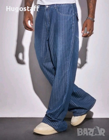 Нови baggy дънки райета сини Casual Loose Fit Jeans панталони карго Л/34, снимка 6 - Дънки - 53115043