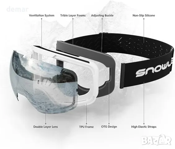 Очила за ски сноуборд Snowledge с UV400 защита, двойна леща с противозамъгляване, съвместими с каска, снимка 2 - Зимни спортове - 47991323