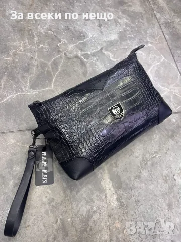 Philipp Plein Мъжки Черен Кожен Несесер С Крокодилска Текстура И Дръжка За Китката Код Bal Style83