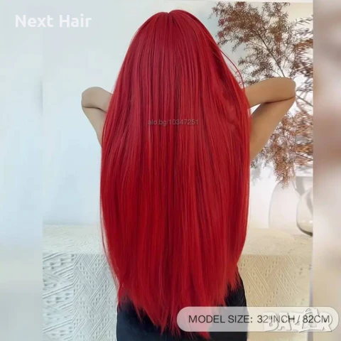 80 см Ярко червена права синтетична перука с дълъг бретон, снимка 4 - Аксесоари за коса - 51058452