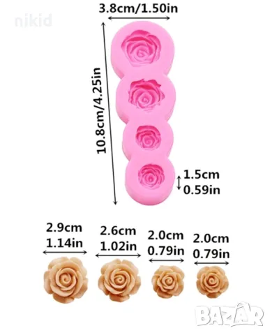 роза рози розички 4 размера цвете силиконов молд форма фондан шоколад гипс декор, снимка 3 - Форми - 49573543