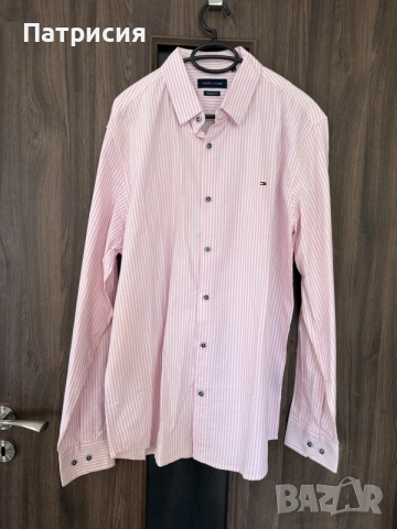 Чисто нова мъжка риза Tommy Hilfiger Classic Fit с дълъг ръкав, дизайн розово  бяло райе, размер XXL