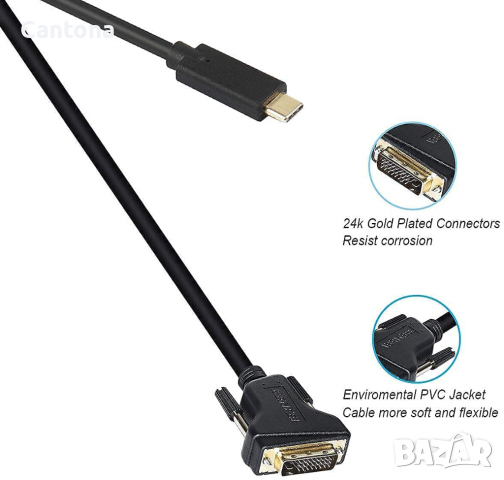 Benfei USB C към DVI кабел, [Thunderbolt 3] 24К позлатени конектори - 2 метра, снимка 4 - Кабели и адаптери - 36275533