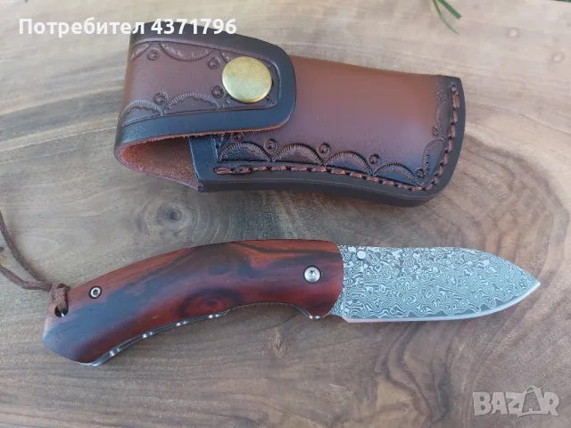 Японски сгъваем ловен нож DAMASKUS X10 с калъф от телешки бланк, снимка 2 - Ножове - 49188088
