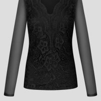 ИЗКЛЮЧИТЕЛНО КРАСИВА черна дантелена блуза с ръкави от тюл, снимка 4 - Блузи с дълъг ръкав и пуловери - 38730602