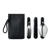 вилица лъжица и нож къмпинг комплект метални нови в черна торбичка, стомана и алуминий, снимка 6 - Прибори за хранене, готвене и сервиране - 37407929