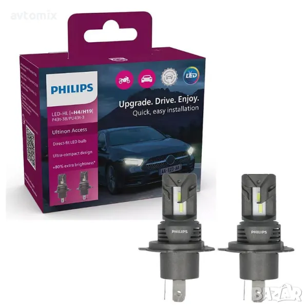  LED крушки предни фарове автомобил H19/H4, Philips Ultinon Access 2500, 12V 20W LED крушки за автом, снимка 1