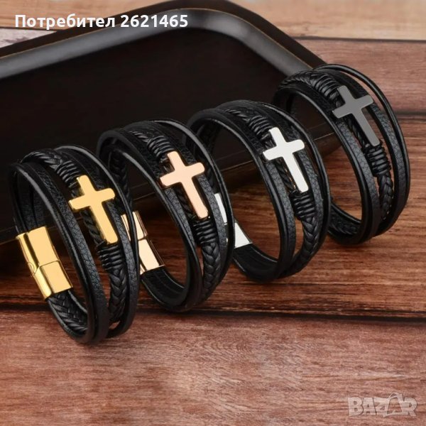 Мъжка кожена гривна с метално кръстче от кожа, кръст, златно, сребърно и черно кръстче, снимка 1