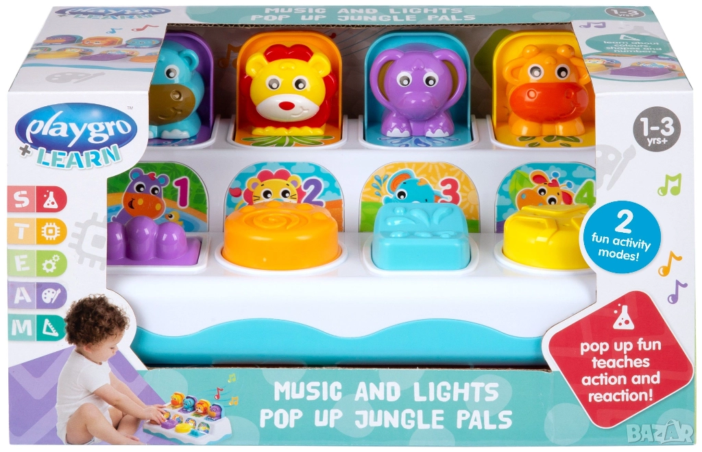 Музикална играчка Playgro + Learn - Изскачащи животни, със светлини , снимка 1