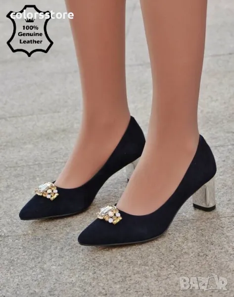 Обувки на ток - тъмносин ЕСТЕСТВЕН велур - 17265Z-2-3K, снимка 1