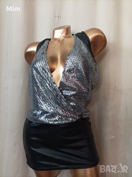 S/M  Черна рокля с пайети и еко кожа, снимка 1