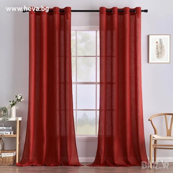 Полупрозрачни ленени завеси в червено , снимка 1